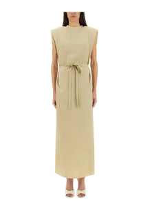 Alysi women’s peach touch long dress in beige sleeveless silk midi with self-tie belt at the waist