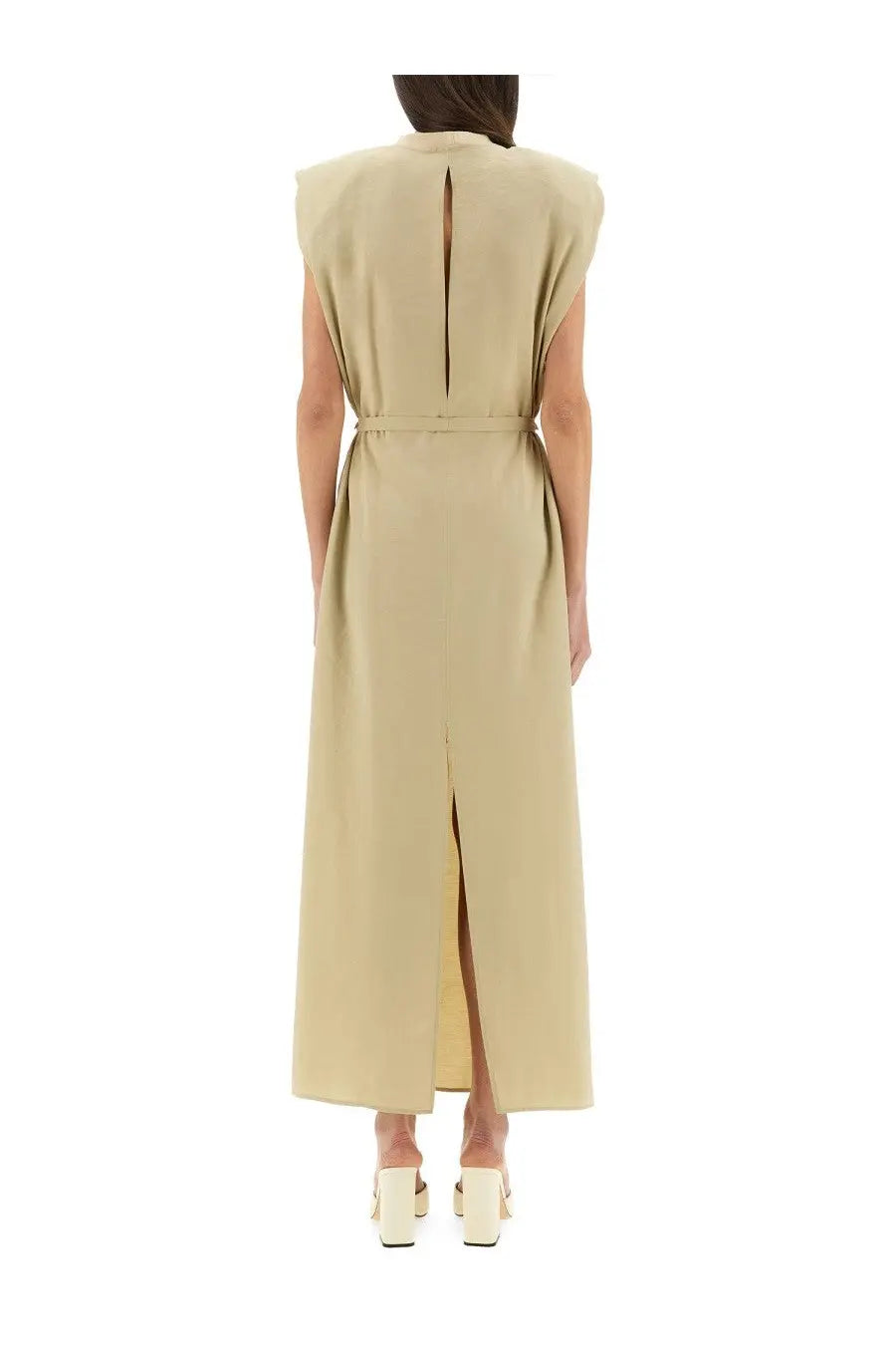 Alysi women’s beige peach touch sleeveless midi dress with back slit and matching belt shown from the back side