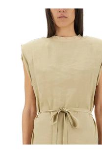 Alysi women’s beige sleeveless long dress with tied waistband made from peach touch fabric for elegant wear