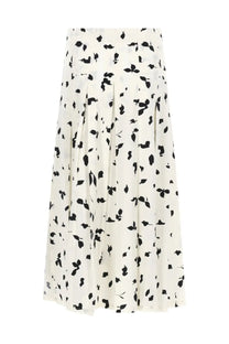 Alysi women’s flowing ivory pleated skirt with black leaf pattern printed multicolor fabric for stylish wear