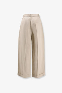 Alysi women’s beige wide-leg viscose and linen trousers with tailored waistband and rolled cuffs in white