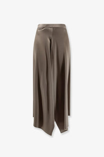 Alysi women’s taupe satin maxi skirt with high waist and asymmetrical hemline in beige color