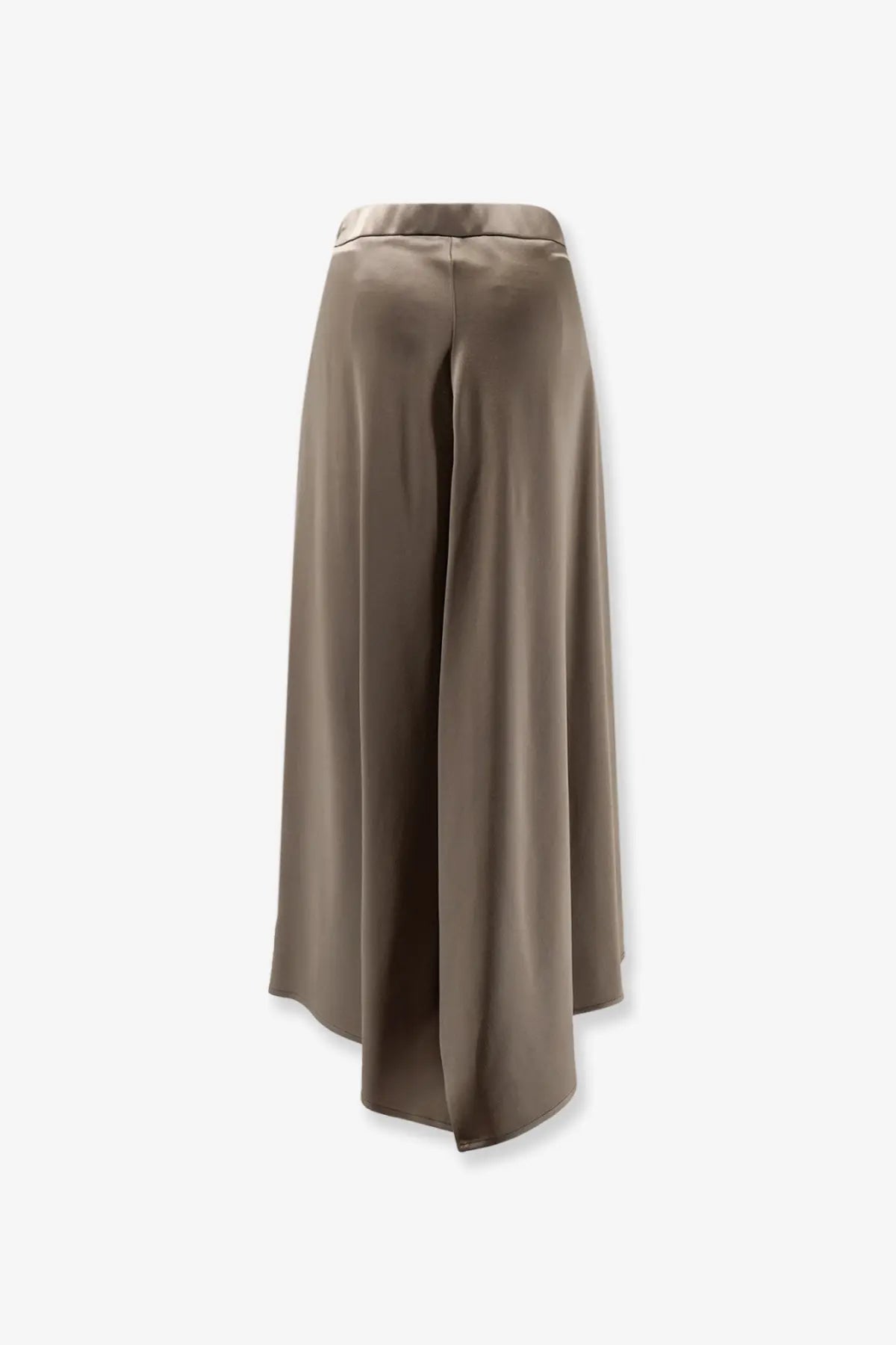 Alysi women’s taupe satin wide-leg pants with high waist and asymmetrical hemline