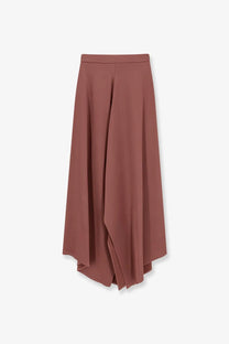 Alysi women’s rust-colored satin midi skirt with high waist and asymmetrical hemline front view
