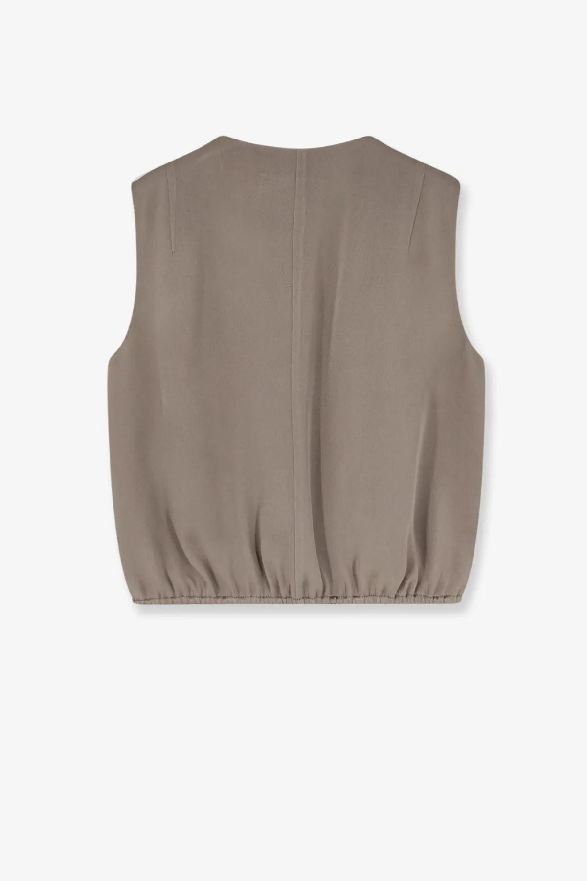 Alysi women’s satin top beige sleeveless vest with smooth taupe fabric and elasticated hem