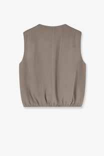 Alysi women’s satin top beige sleeveless vest with smooth taupe fabric and elasticated hem
