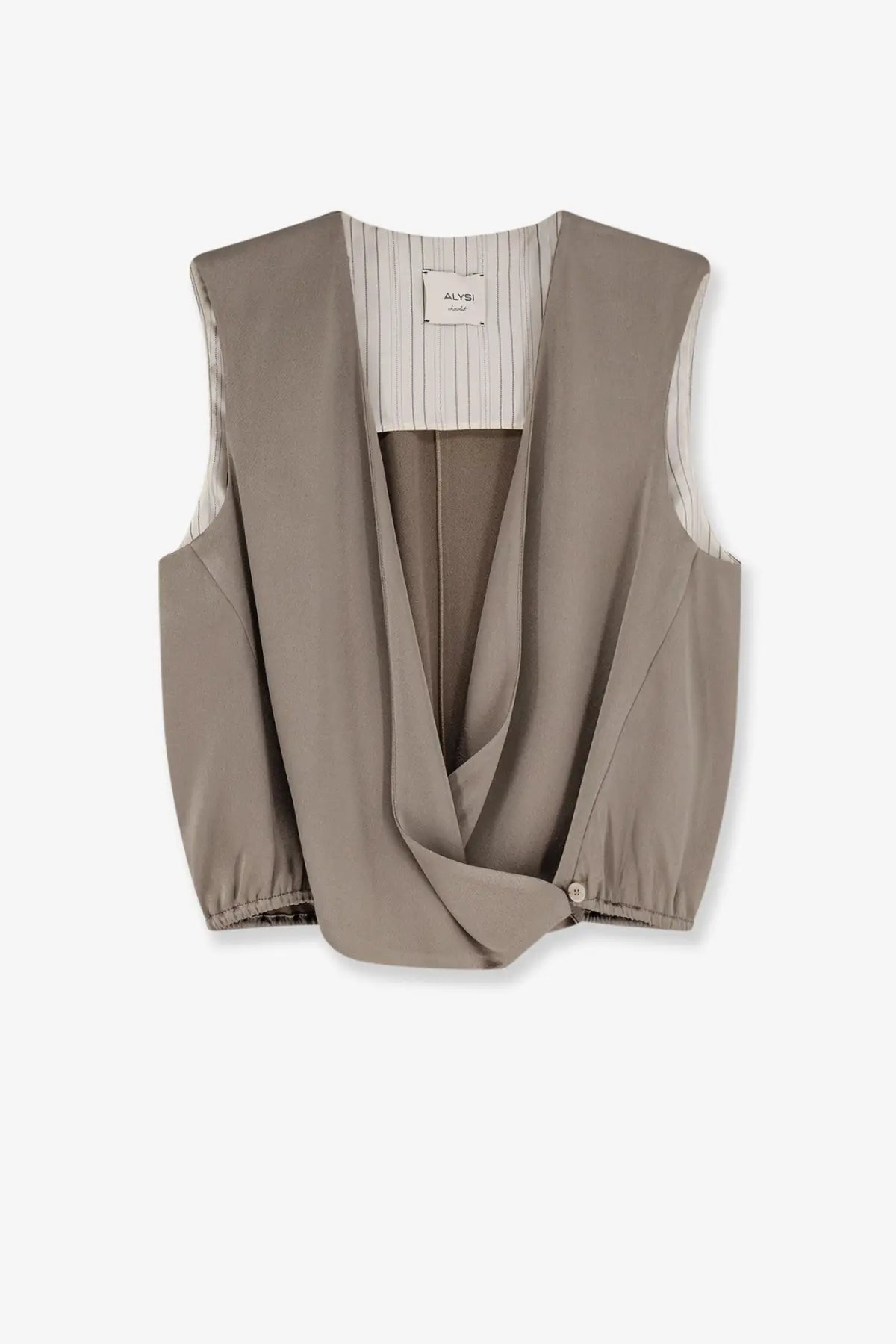 Alysi women’s satin top beige taupe sleeveless vest with draped front elastic cuffs and striped lining