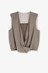 Alysi women’s satin top beige taupe sleeveless vest with draped front elastic cuffs and striped lining