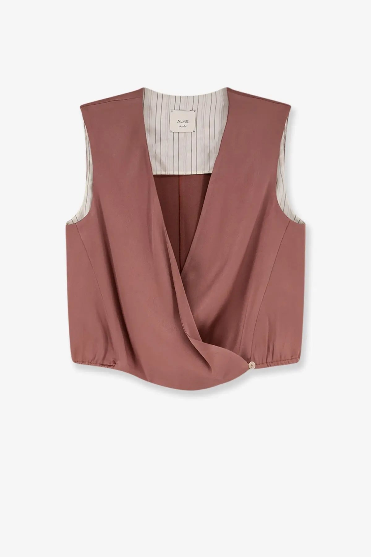 Alysi women’s satin top blue featuring a dusty rose sleeveless vest with draped front and striped inner lining