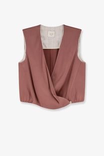 Alysi women’s satin top blue featuring a dusty rose sleeveless vest with draped front and striped inner lining