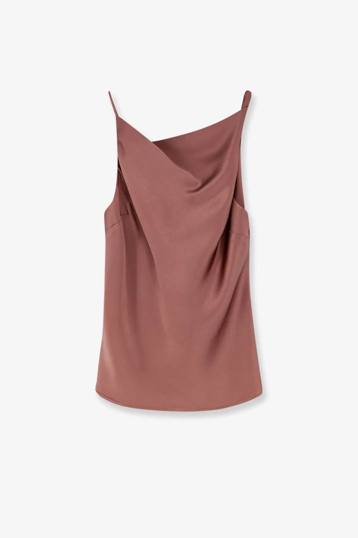 Alysi women’s satin top in blue featuring a soft mauve satin camisole with delicate spaghetti straps and asymmetrical neckline