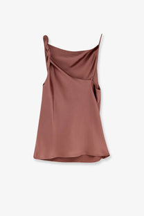 Alysi women’s satin top blue in soft mauve with tied shoulder straps and draped neckline in satin material