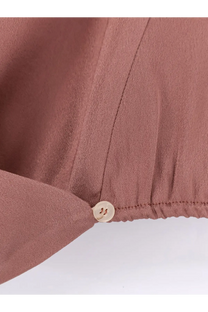 Alysi women’s satin top blue with a soft mauve textured blouse and round beige button at the cuff