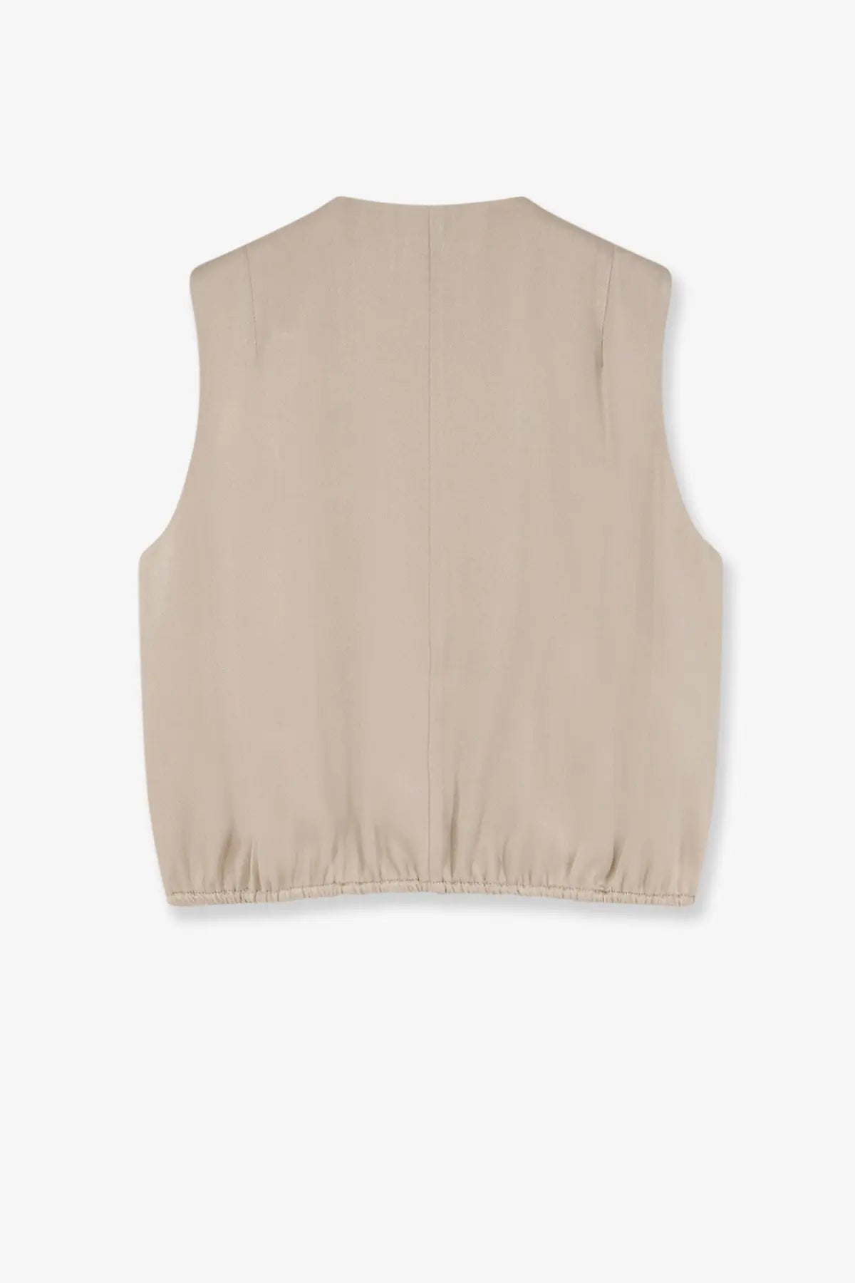 Beige sleeveless satin vest with relaxed fit and elasticated hem from alysi women’s satin top petalo collection