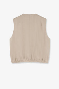 Beige sleeveless satin vest with relaxed fit and elasticated hem from alysi women’s satin top petalo collection