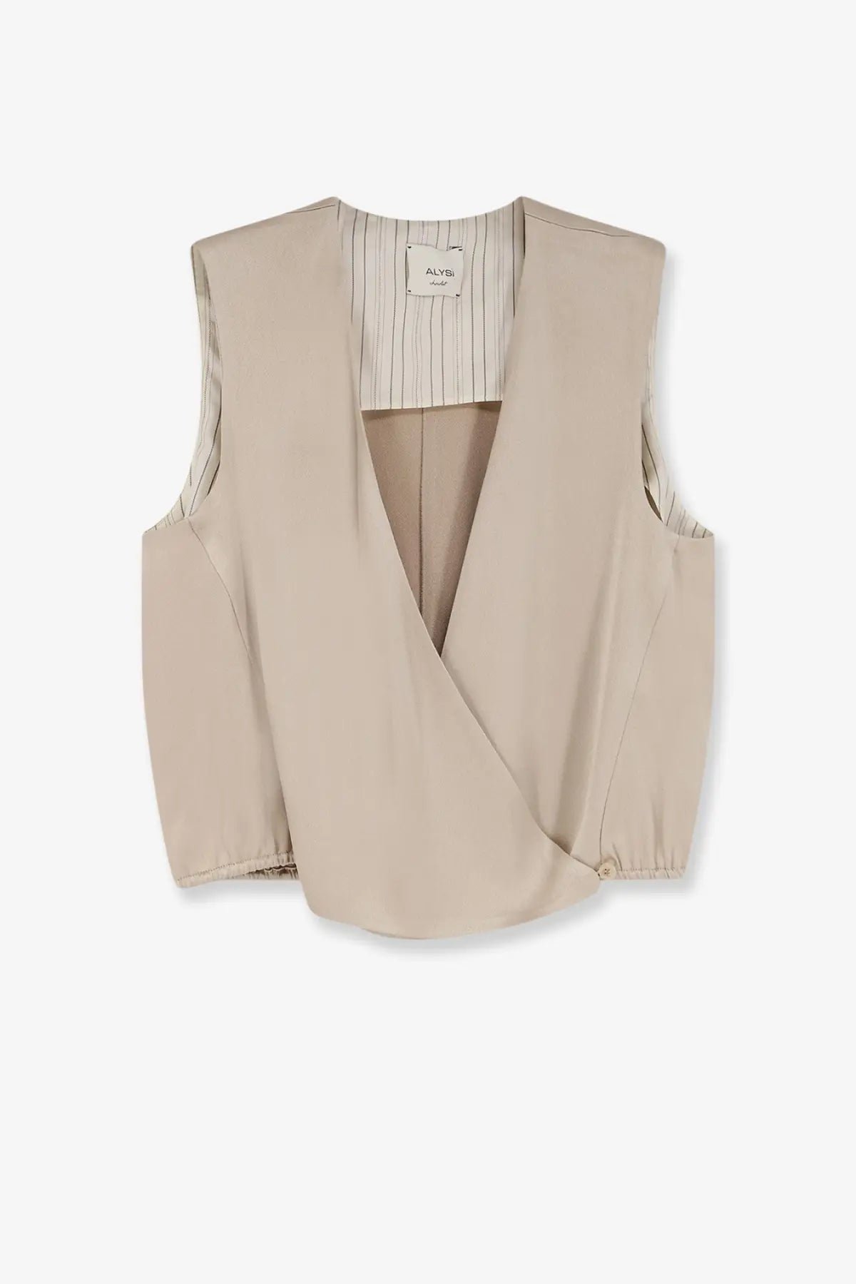 Beige sleeveless satin wrap vest with subtle striped interior lining from alysi women’s satin top petalo collection