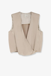 Beige sleeveless satin wrap vest with subtle striped interior lining from alysi women’s satin top petalo collection