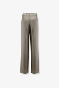 Alysi women’s satin trousers beige with wide-leg silhouette matte taupe hue satin finish and subtle back pocket detailing viewed from back