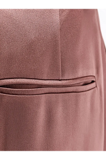 Alysi women’s satin trousers blue showing close-up of rose gold satin fabric with stitched pocket detail and subtle sheen
