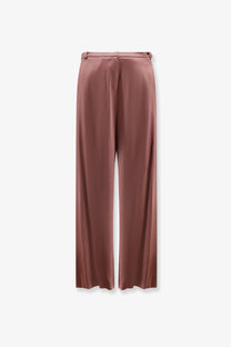 Alysi women’s satin trousers blue with silk-like mauve wide-leg design and high-waisted subtle front pleats