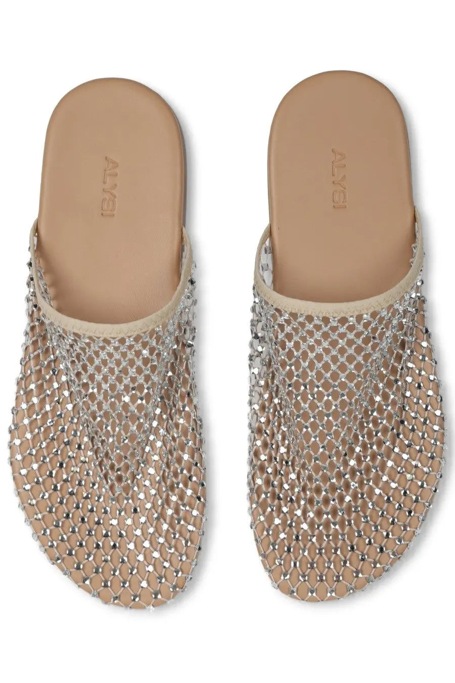 Alysi women’s scarpa silver mesh mules with delicate sparkling chain-link design and beige leather lining
