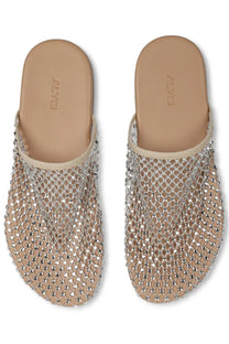 Alysi women’s scarpa silver mesh mules with delicate sparkling chain-link design and beige leather lining