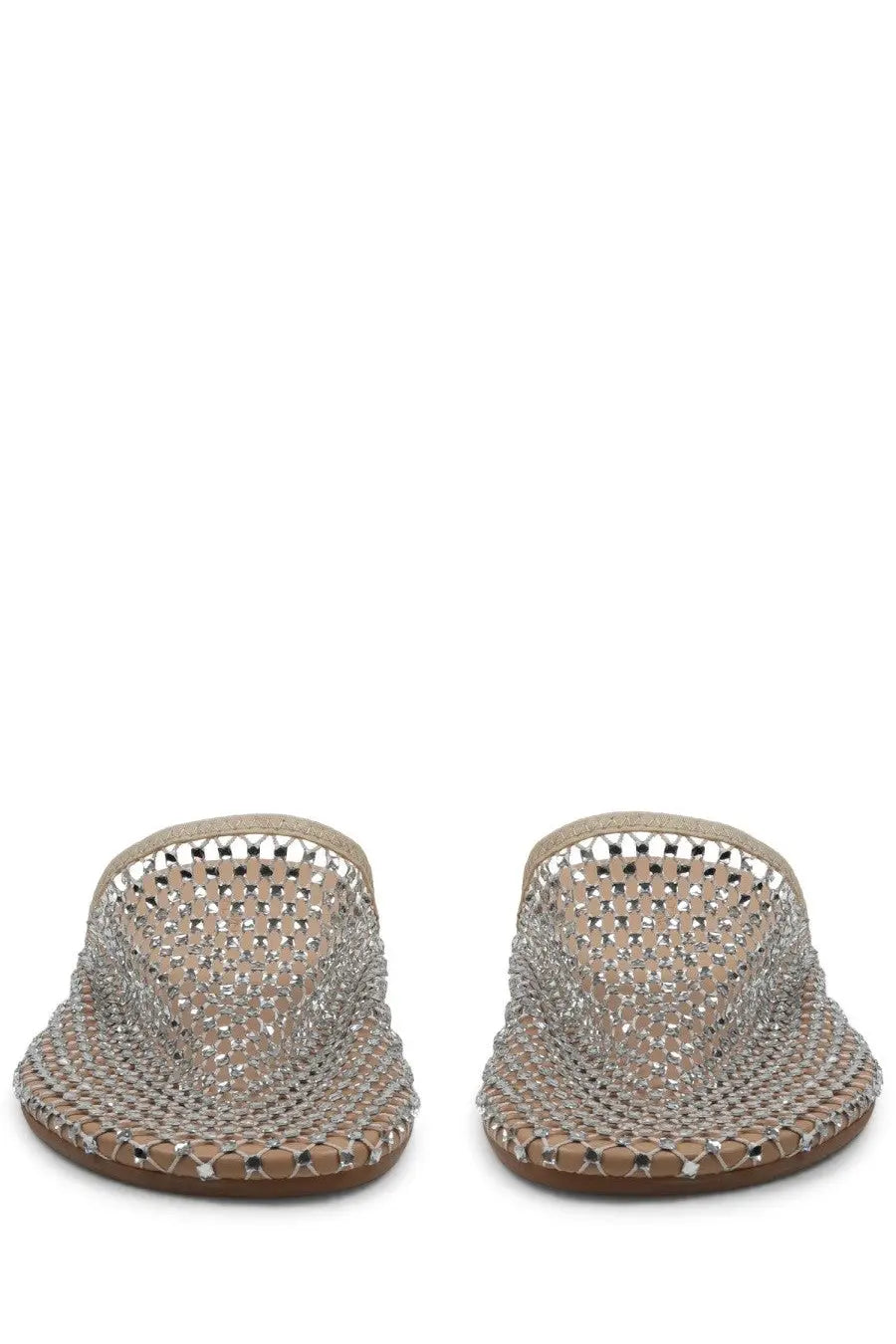 Alysi women’s scarpa mule in silver with woven chain-link mesh and clear rhinestone embellishments
