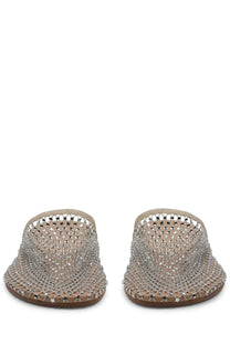 Alysi women’s scarpa mule in silver with woven chain-link mesh and clear rhinestone embellishments