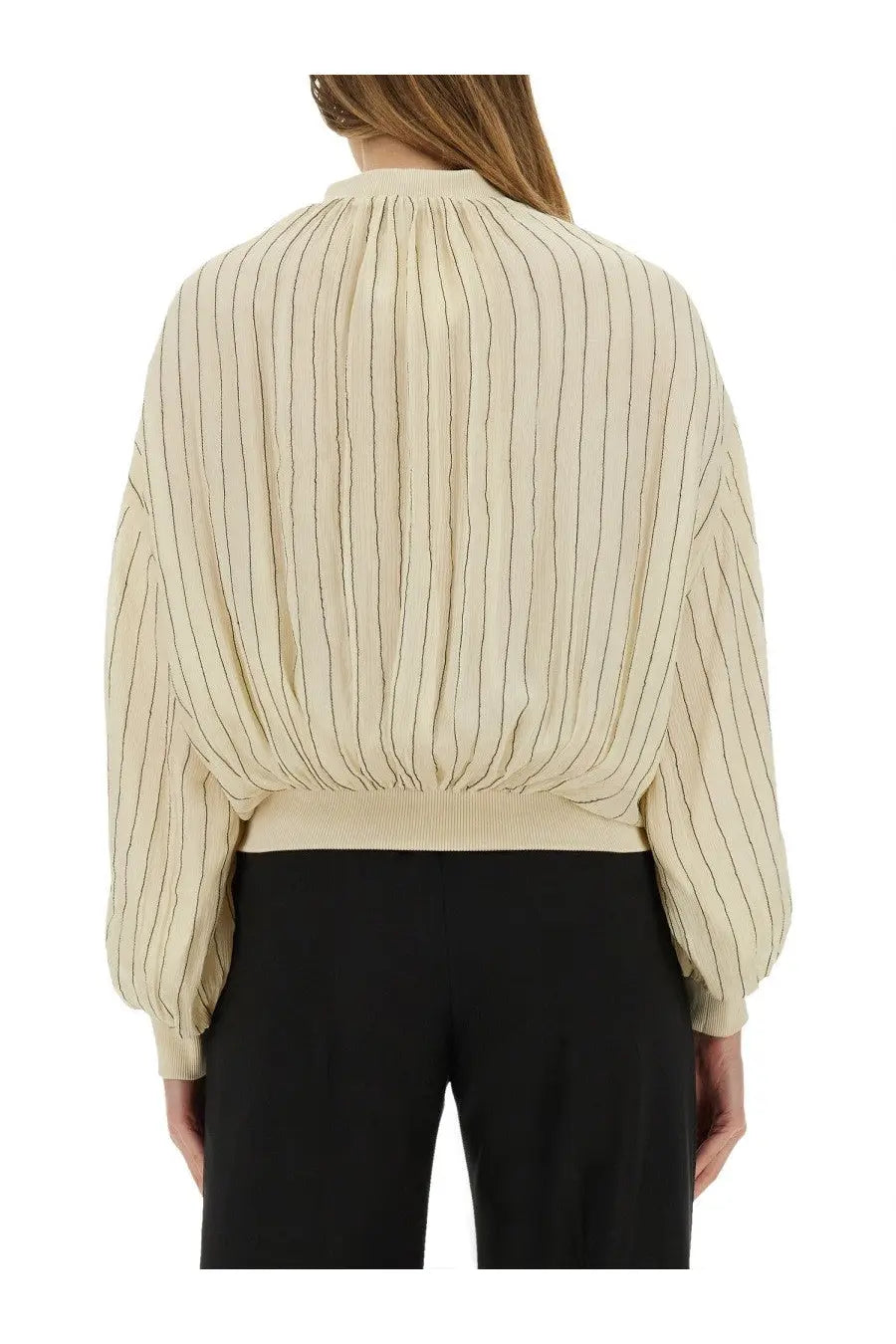 Alysi women’s silk bomber jacket in white with a cream blouse design featuring thin black vertical stripes and ribbed waistband