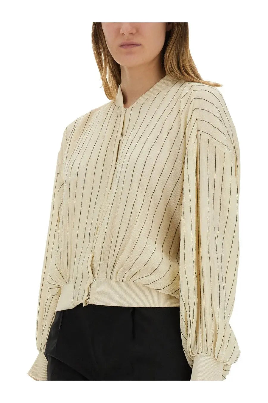 Alysi women’s silk bomber jacket in cream with thin black vertical stripes and a ribbed waistband in white