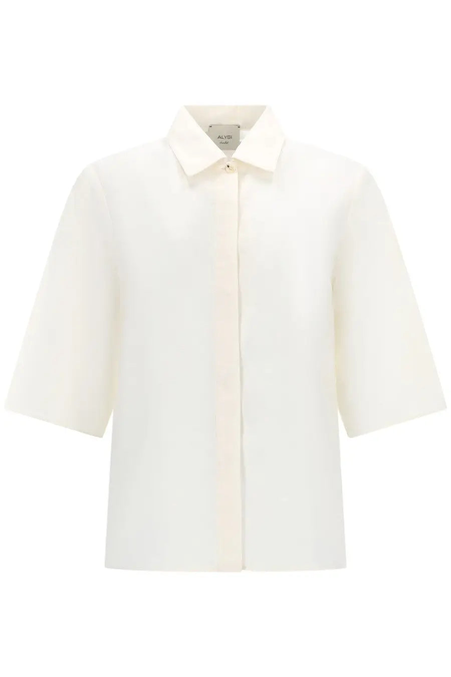Alysi women’s silk cropped shirt white cream-colored minimalist button-up with crisp collar and three-quarter sleeves