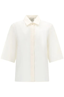 Alysi women’s silk cropped shirt white cream-colored minimalist button-up with crisp collar and three-quarter sleeves