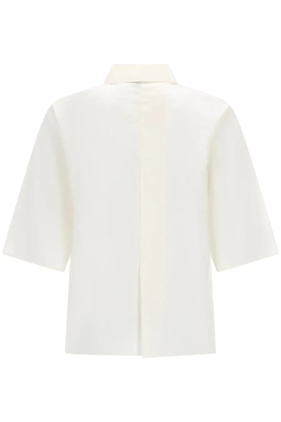 Alysi women’s silk cropped white blouse shown from the back with a clean structured design and short sleeves