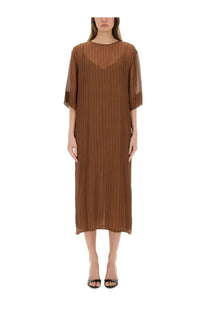 Alysi women’s brown silk midi dress with flowing pleats sheer semi transparent sleeves and a subtle v neckline