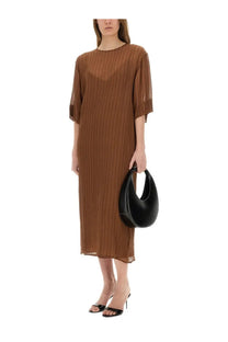 A sleek black leather crescent-shaped handbag with minimalist design paired with alysi womens silk midi dress brown