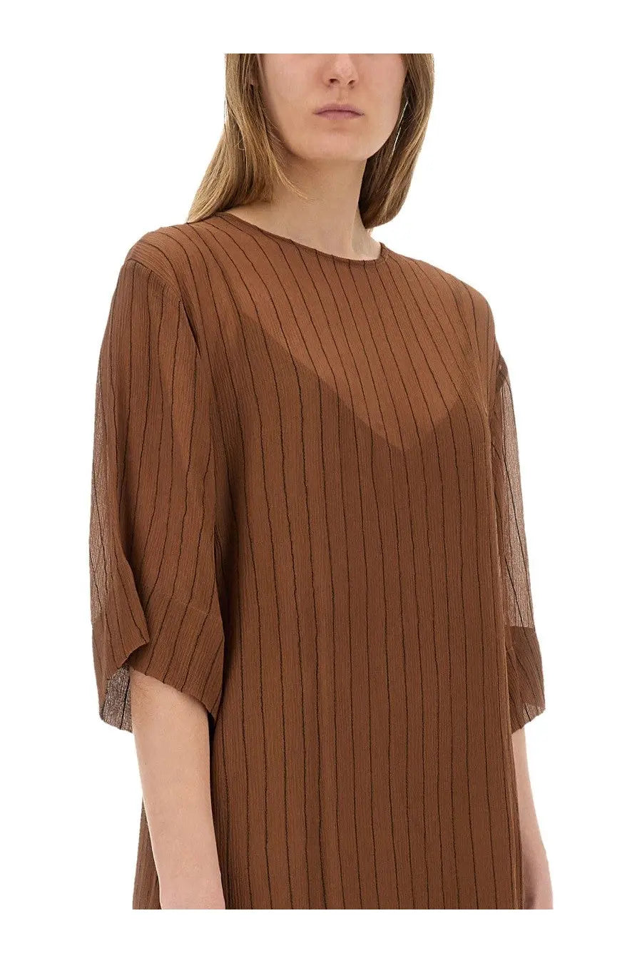Alysi womens brown silk midi dress with vertical ribs sheer mesh sleeves and relaxed fit
