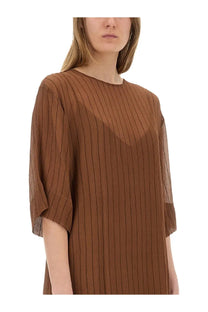Alysi womens brown silk midi dress with vertical ribs sheer mesh sleeves and relaxed fit