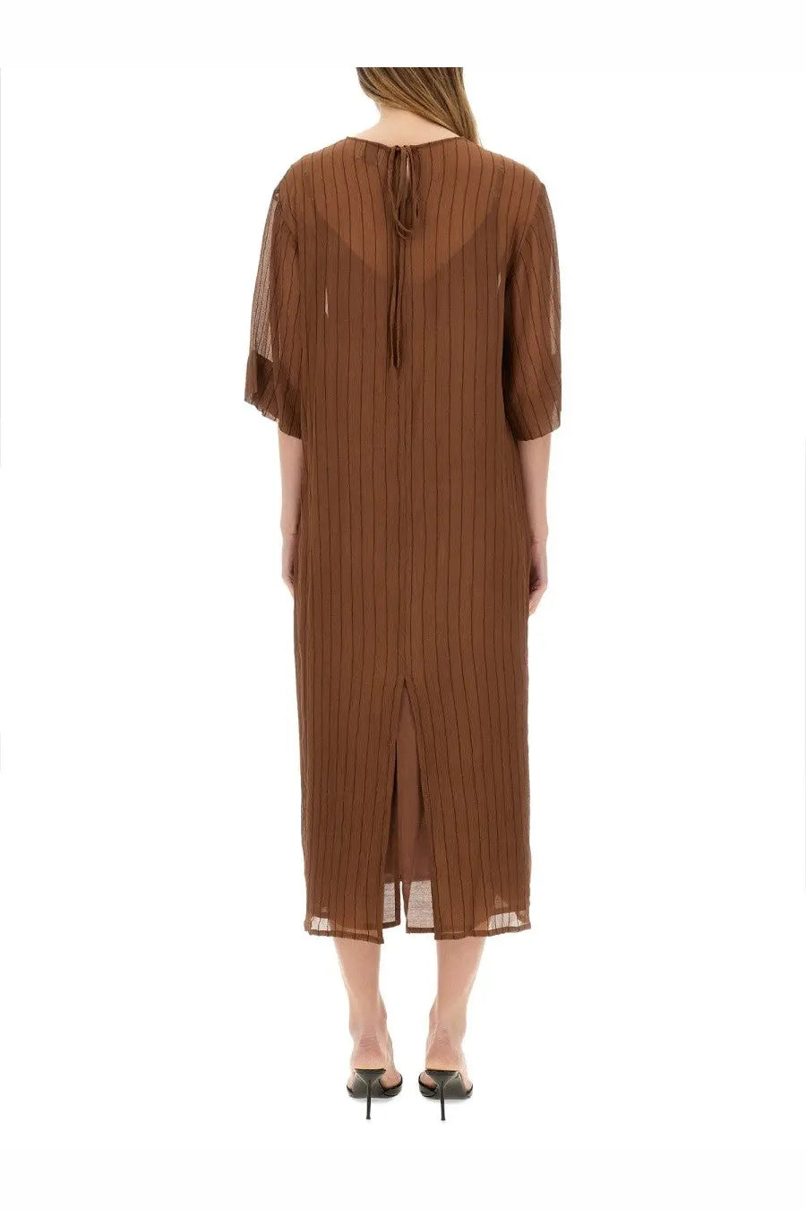 Alysi women’s brown silk midi dress with vertical stripes sheer sleeves and back tie closure shown from the back side