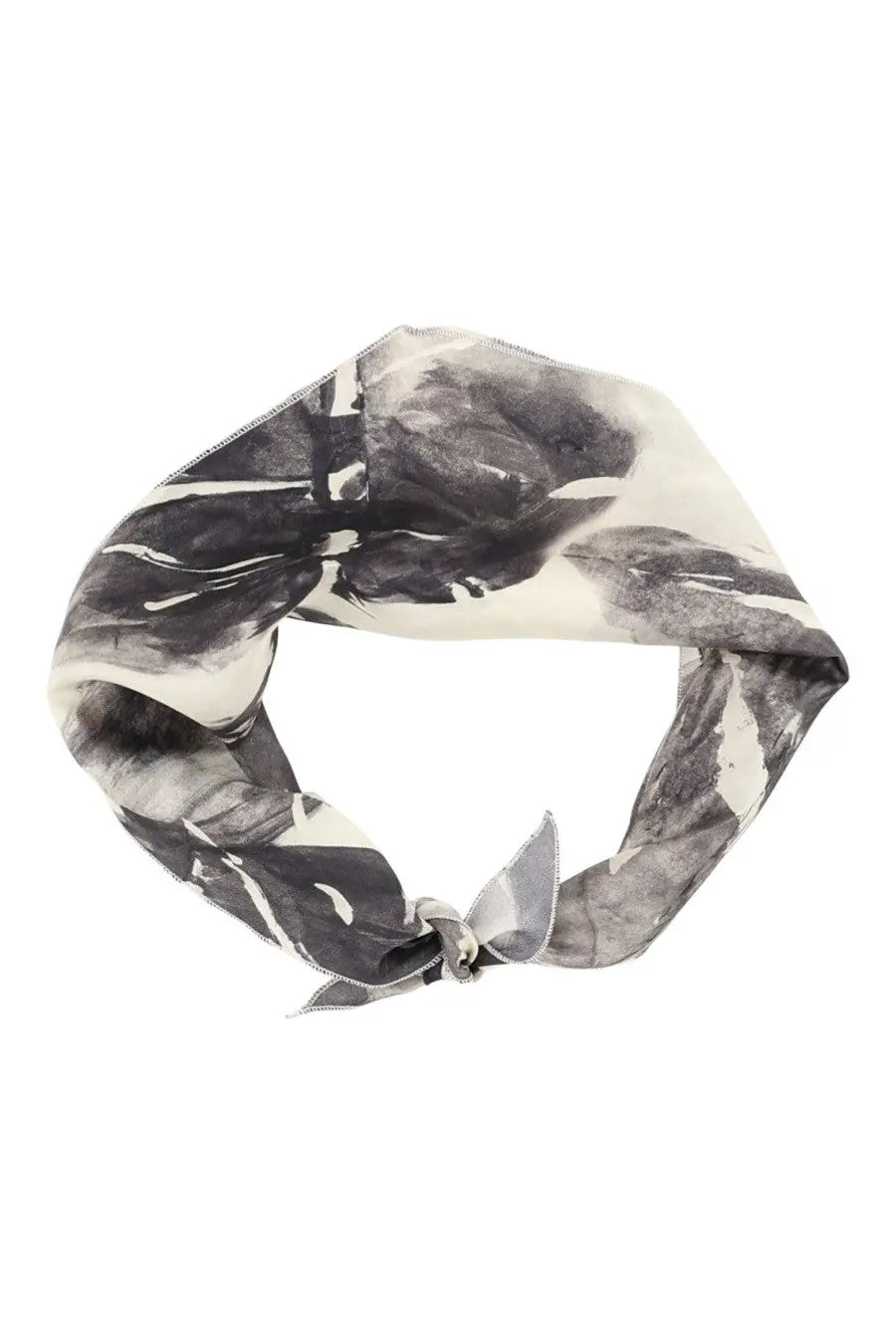Alysi women silk scarf black cream silk with black and gray botanical print tied in an elegant knot at center