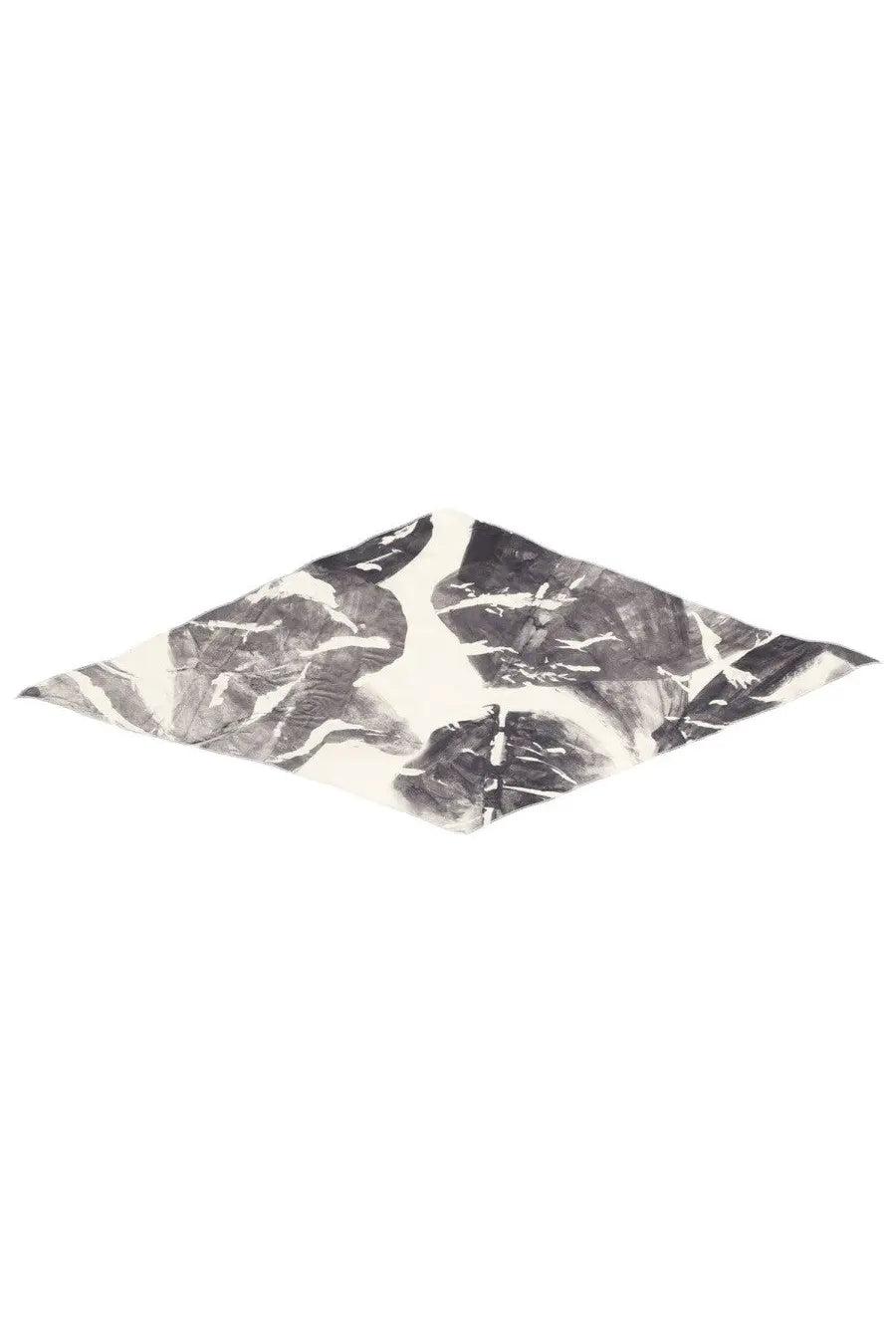 Alysi women’s silk scarf in black featuring a bold black and white abstract leaf pattern on a square shape