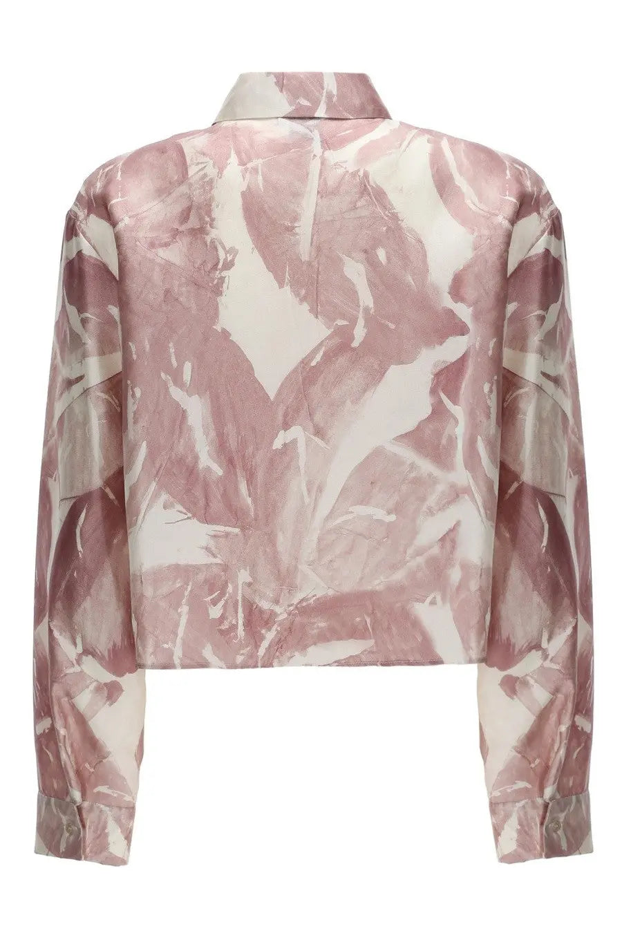 Alysi women’s silk shirt pink with long sleeves and a soft pink and cream abstract leaf pattern blouse