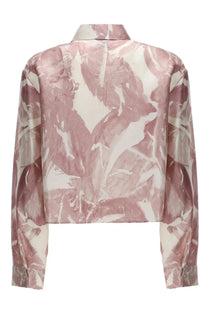 Alysi women’s silk shirt pink with long sleeves and a soft pink and cream abstract leaf pattern blouse