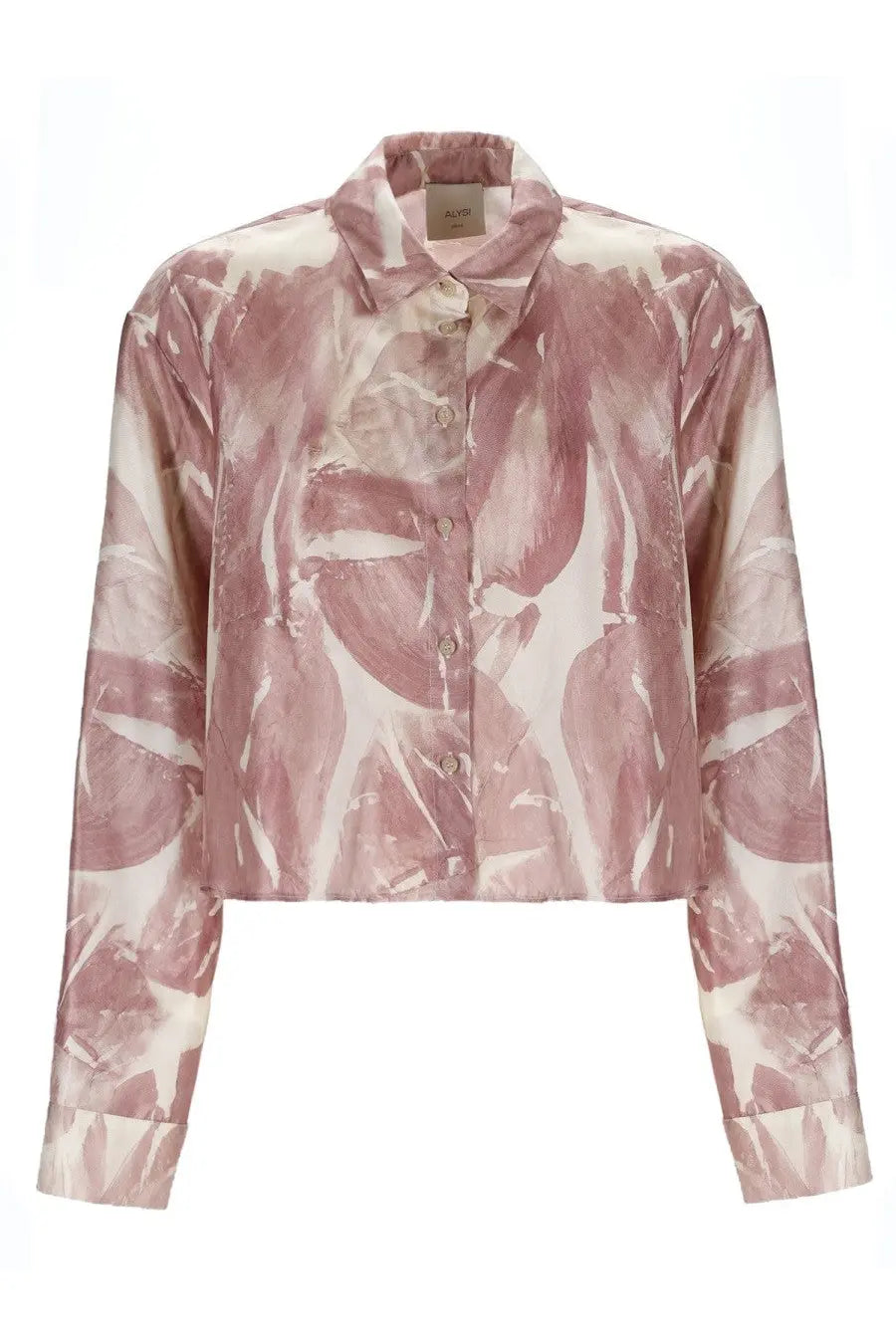 Alysi women’s silk shirt pink featuring soft pink and white abstract floral print with a satin-like sheen