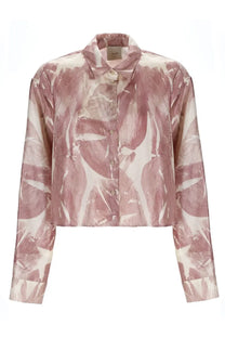 Alysi women’s silk shirt pink featuring soft pink and white abstract floral print with a satin-like sheen