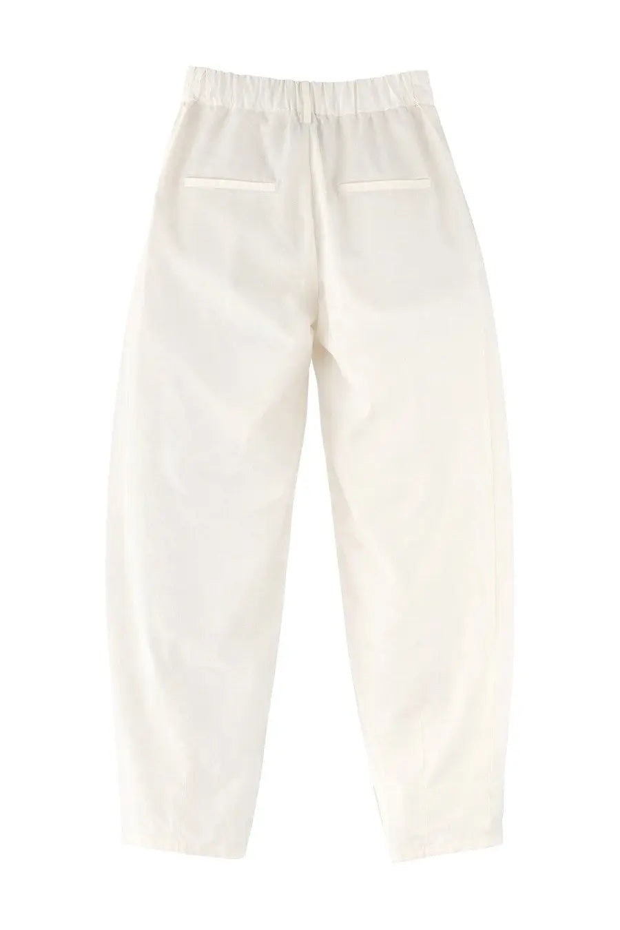 Back view of alysi women’s white silk tailored pants in a relaxed fit with elastic waistband and two back pockets