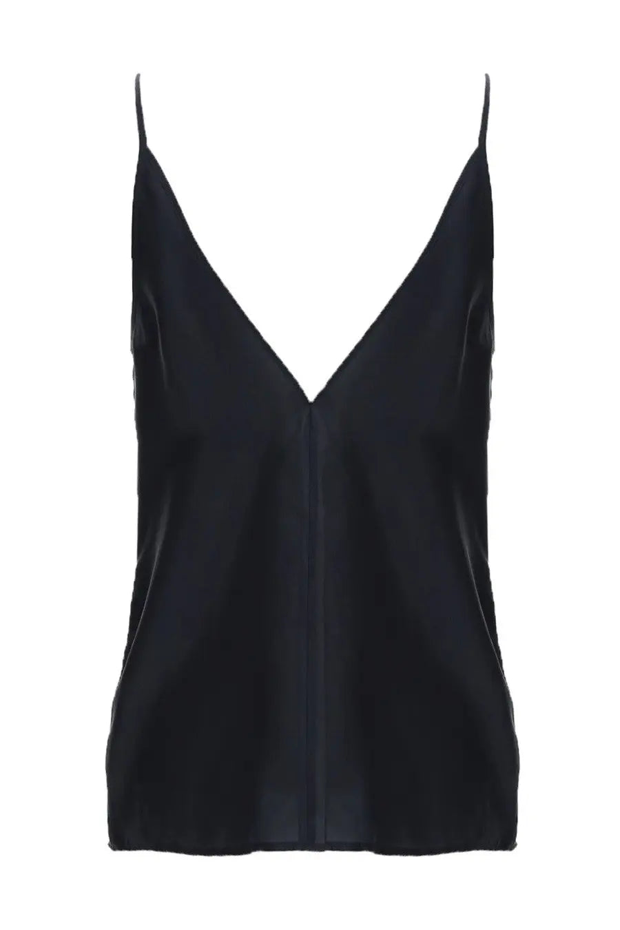 Alysi women’s silk black satin camisole with thin spaghetti straps and a deep v-neckline