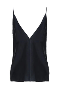 Alysi women’s silk black satin camisole with thin spaghetti straps and a deep v-neckline