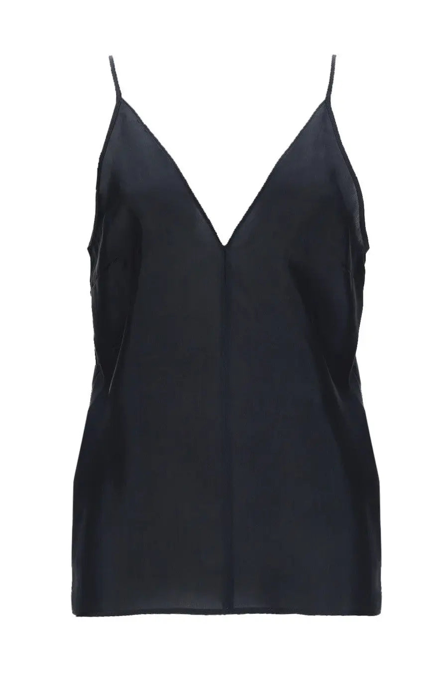 Alysi women’s silk top black satin camisole with thin spaghetti straps and deep v-neckline