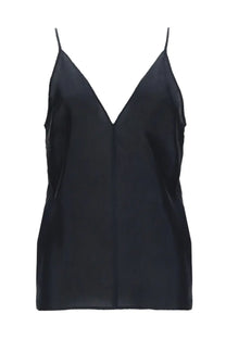 Alysi women’s silk top black satin camisole with thin spaghetti straps and deep v-neckline