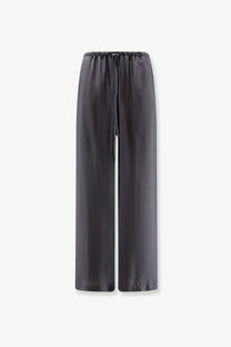 Alysi women’s dark gray silk satin wide-leg trousers with elastic waistband and drawstring in asfalto color